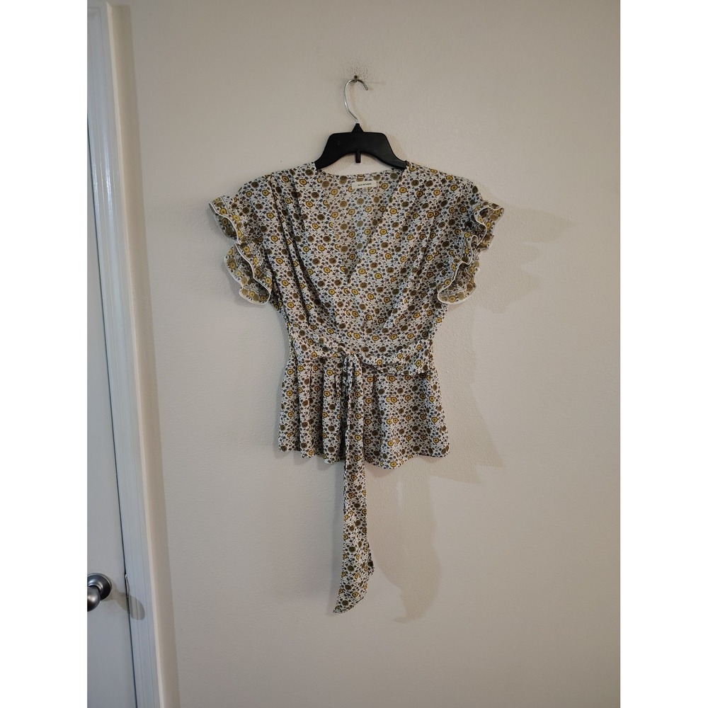 Max Studio Floral Peplum Wrap Top Yellow Green Ruffle Sleeve Smocked Waist Small